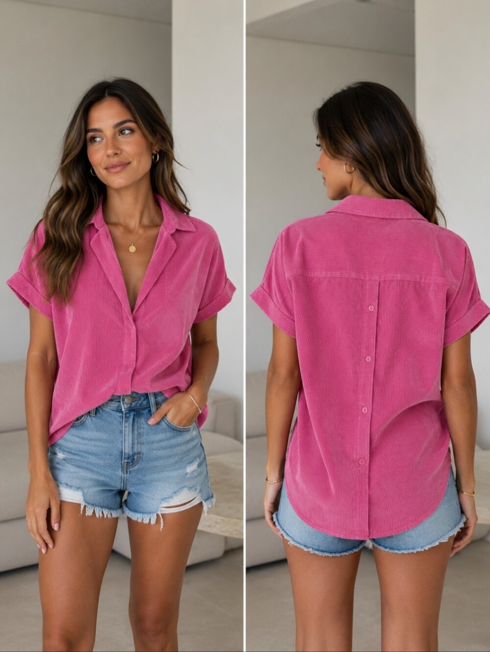 Relaxed Pink Short-Sleeve Corduroy Shirt